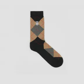 博百利/Burberry 多色菱形嵌花棉毛混纺短袜 (黑色) 80496231