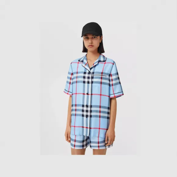 博百利/Burberry 格纹丝质睡衣式衬衣 (浅蓝色) - 女士 80534161