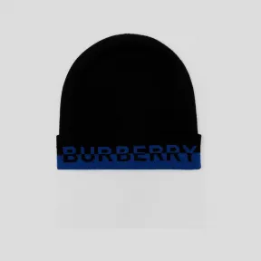 博百利/Burberry 黑色/方钠石蓝色徽标嵌花羊绒毛线帽 80610361