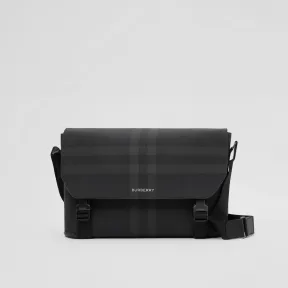 博百利/Burberry 炭灰色格纹拼皮革大号信使包 (炭灰色) 80653361