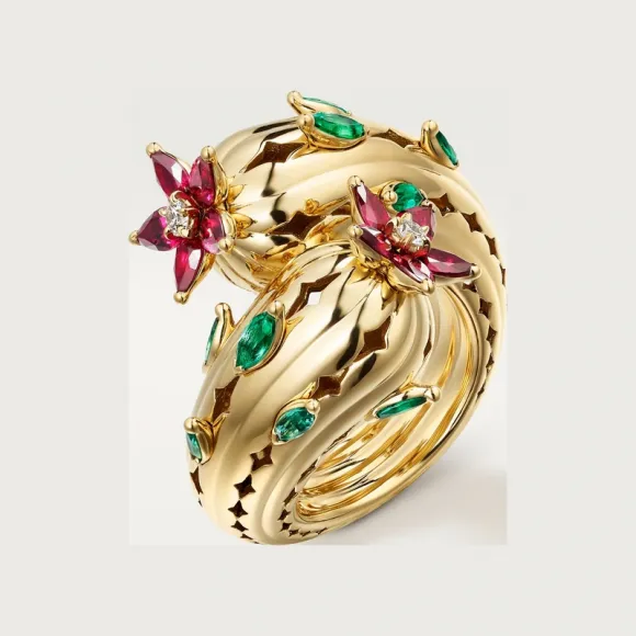 卡地亚/Cartier H4374200 - Cactus de Cartier戒指 祖母绿 镶嵌2颗钻石 18K黄金 - 黄金 祖母绿 红宝石 钻石