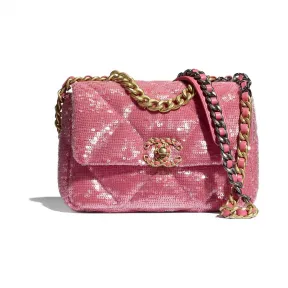 香奈儿/Chanel CHANEL 19口盖包  亮片、小牛皮、银色与金色金属  珊瑚色 AS1160-B04850-NA106