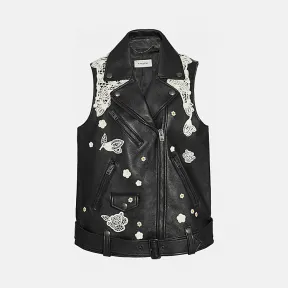 蔻驰/Coach 蕾丝刺绣皮革背心 33174 BLK