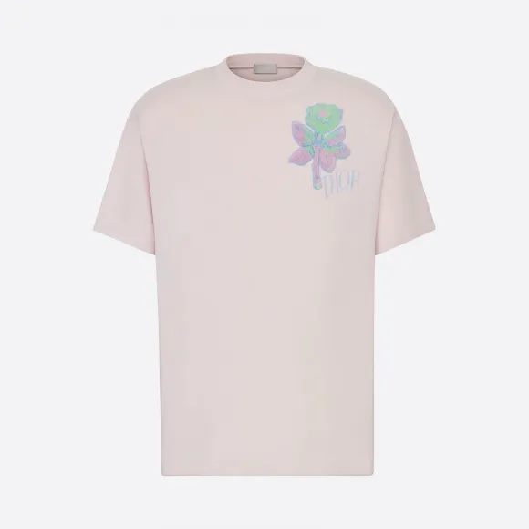 迪奥/Dior DIOR AND ALEX FOXTON 粉色紧密纺棉玫瑰刺绣短袖 T 恤 943J605D0554-C489