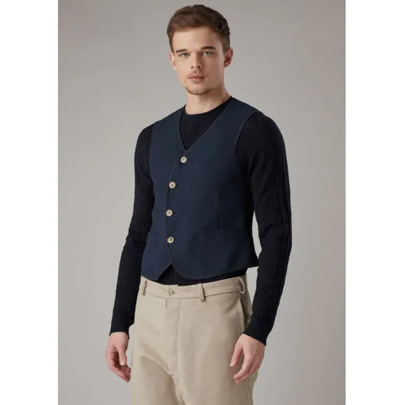 乔治阿玛尼/Giorgio Armani 圆形纽扣门襟成衣水洗篮纹亚麻马甲 41875115fp