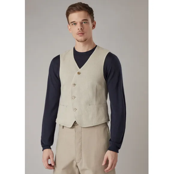 乔治阿玛尼/Giorgio Armani 圆形纽扣门襟成衣水洗篮纹亚麻马甲 41878175oi