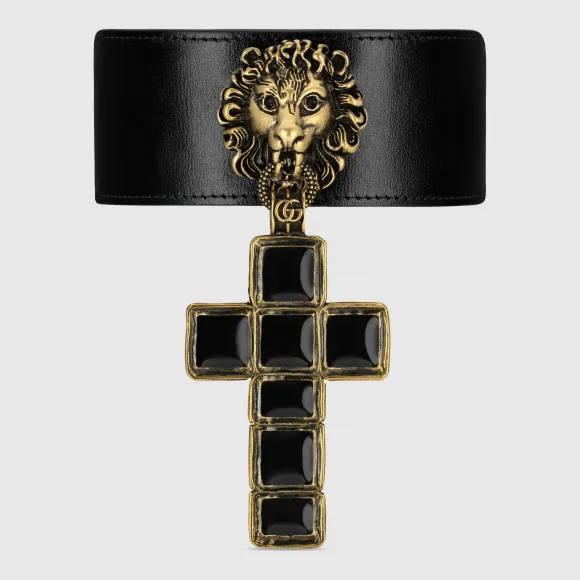 古驰/Gucci 饰十字架吊坠皮革颈圈 549234 J1547 8029