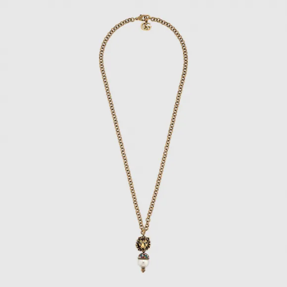 古驰/Gucci 饰珍珠狮头项链 583635 I4762 8516