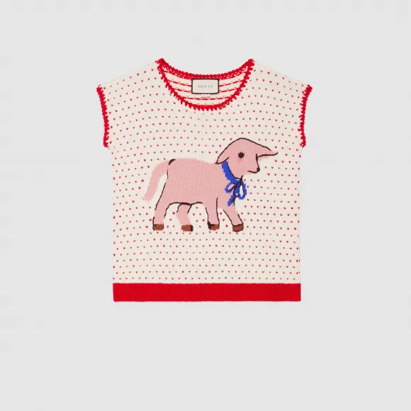 古驰/Gucci 饰小羊嵌花羊毛马甲 586077 XKAUZ 9133