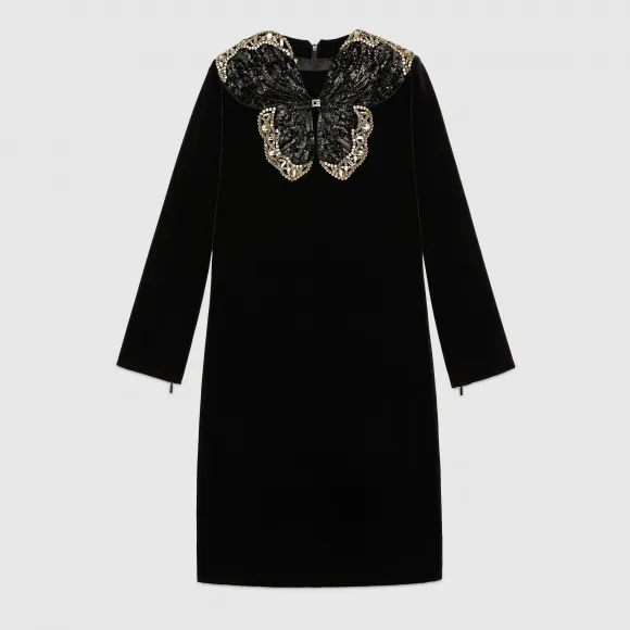 古驰/Gucci  女士 饰亮片蝴蝶短款天鹅绒连衣裙 619106-ZAE79-1043