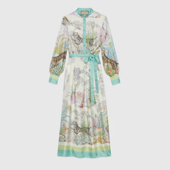 古驰/Gucci 中国新年系列真丝连衣长裙 象牙白色 女士 685746-ZAIJ8-3616