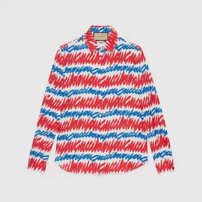 古驰/Gucci 象牙白色、蓝色和红色Gucci字样印花衬衫与文胸套装 739402-ZAMTX-4595