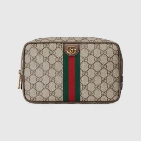 古驰/Gucci 米色和乌木色GG Supreme帆布Gucci Savoy系列饰织带洗漱包 760019-96IWT-8745