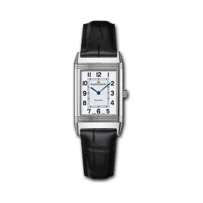 积家/Jaeger LeCoultre Reverso 翻转腕表系列  不锈钢，银色雕纹表盘，黑色阿拉伯数字时标，蓝钢 石英机芯