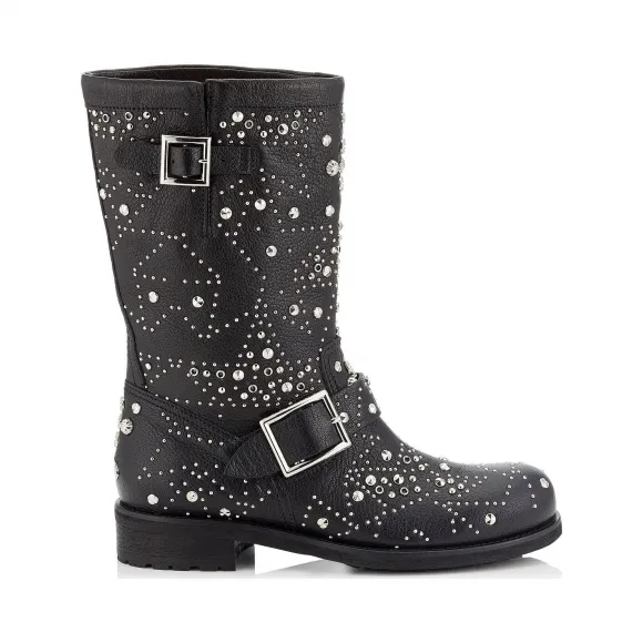 Jimmychoo/吉米周 黑色皮革机车靴，饰有图形星状点缀 BIKERESR010003