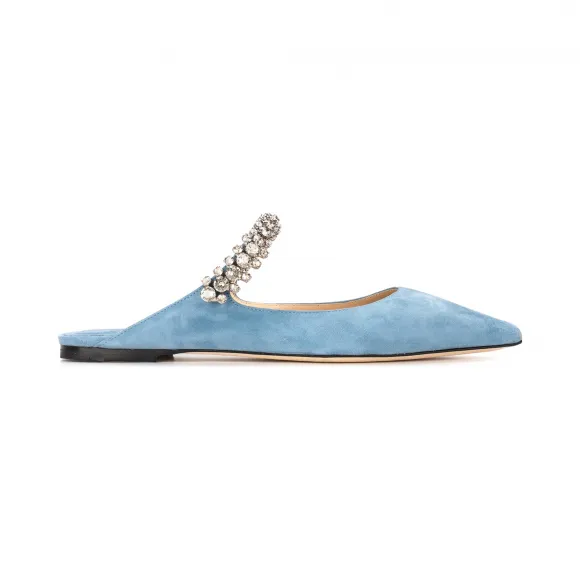 Jimmychoo/吉米周 水晶饰带深天蓝色麂皮穆勒鞋  BINGFLATSUE043120