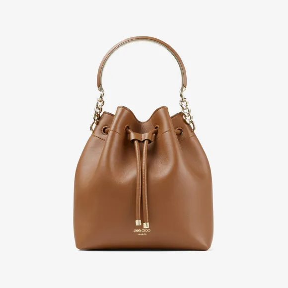 Jimmychoo/吉米周 BONBONBUCKET-浅金色金属提手深棕褐色小牛皮桶包 BONBONBUCKETCLF027126
