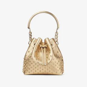 Jimmychoo/吉米周 BON BON BUCKET/S | 铆钉饰金色金属感纳帕革桶包 BONBONBUCKETSATY008937