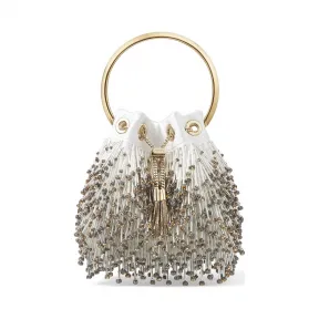 Jimmychoo/吉米周 流苏珠饰拿铁色拼钢紫色缎面金属手提带手提包  BONBONFSB0C7999