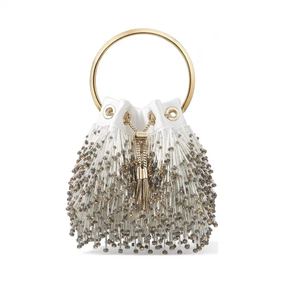 Jimmychoo/吉米周 流苏珠饰拿铁色拼钢紫色缎面金属手提带手提包  BONBONFSB0C7999