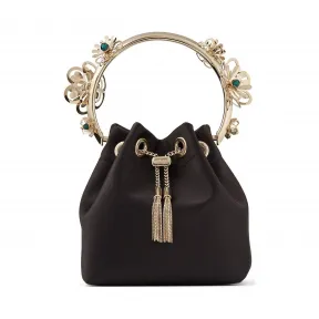 Jimmychoo/吉米周 花卉提手黑色缎面手袋  BONBONVKN010003