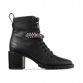Jimmychoo/吉米周 水晶装饰黑色粒纹皮系带军靴  CRUZ65GTC010003