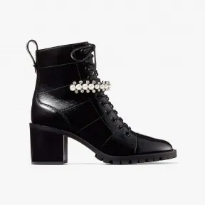 Jimmychoo/吉米周 CRUZ65-水晶珍珠装饰黑色细纹漆皮系带军靴 CRUZ65WQF010003
