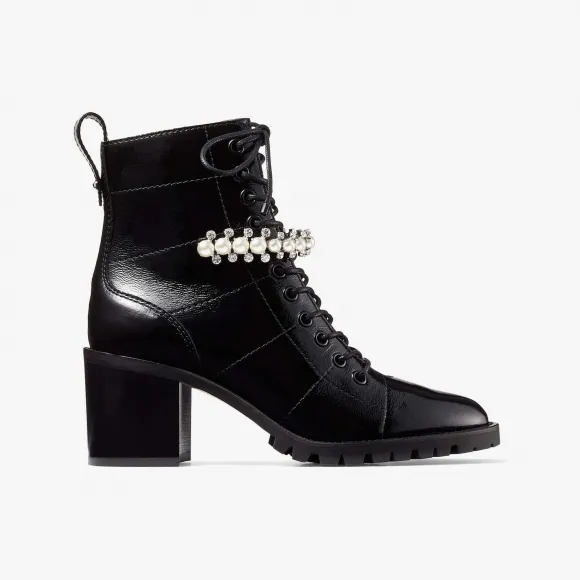 Jimmychoo/吉米周 CRUZ65-水晶珍珠装饰黑色细纹漆皮系带军靴 CRUZ65WQF010003