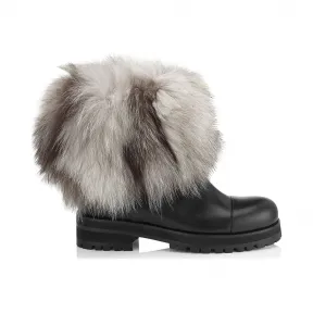 Jimmychoo/吉米周 黑色皮革和白色狐狸皮靴 DANAFLATLFX000050