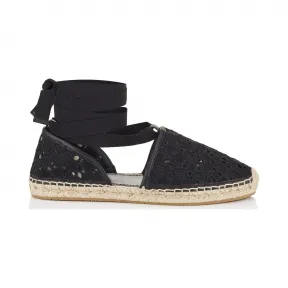 Jimmychoo/吉米周 黑色刺绣蕾丝帆布鞋 DOLPHINFLATRDR010003