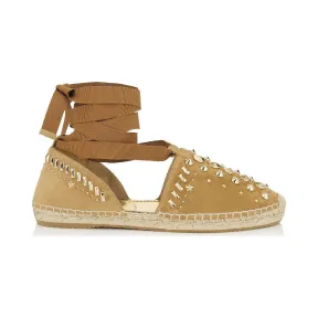 Jimmychoo/吉米周 淡褐色绒面革配朋克铆钉平底帆布鞋 DOLPHINFLATUPK040023