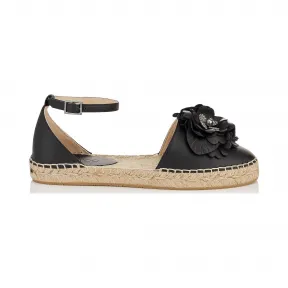 Jimmychoo/吉米周 黑色Nappa皮革麻底帆布鞋，配以花卉贴花 DYLANFLATNFQ010003