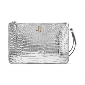 Jimmychoo/吉米周 品牌 logo 徽章装饰银色金属感鳄鱼纹皮荷包  FARAMJJAA0009