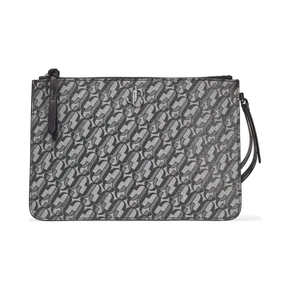 Jimmychoo/吉米周 品牌 logo 装饰银色金属感/黑色闪粉皮腕包  FARARJJ000087