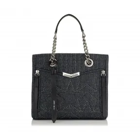 Jimmychoo/吉米周 迷你铆钉饰海军蓝色星形凸纹提花牛仔布拼皮革饰边小号购物包  HELIASHOPPERSTNU040014