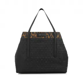 Jimmychoo/吉米周 黑色粒面皮革和深绿色豹纹印花Saffiano手提袋上的浮雕星星 j000070483001