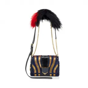 Jimmychoo/吉米周 海军蓝混合绒面革，带小袋，鸵鸟腿和皮草单肩包 j000072561001