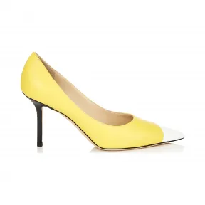 Jimmychoo/吉米周 黑、白、荧光黄三色不对称漆皮效果纳帕羊皮尖头高跟鞋 LOVE85ZYM0C7710