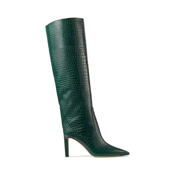 Jimmychoo/吉米周 深绿色鳄鱼压纹皮及膝靴  MAVIS85CCL031838