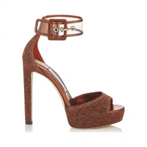 Jimmychoo/吉米周 流行橙色金属Lurex织物，配Plexi踝带厚底凉鞋 MAYNER130RPX0C3871