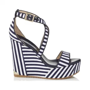 Jimmychoo/吉米周 海军蓝和光学白条纹棉软木坡跟 PORTIA120CON0C2811