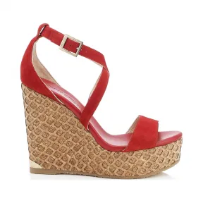 Jimmychoo/吉米周 红色麂皮激光软木覆盖的坡跟 PORTIA120DKW060016