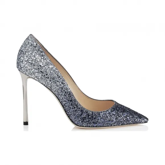 Jimmychoo/吉米周 海军蓝色银色渐变粗粒闪粉尖头高跟鞋  ROMY100CGD000710