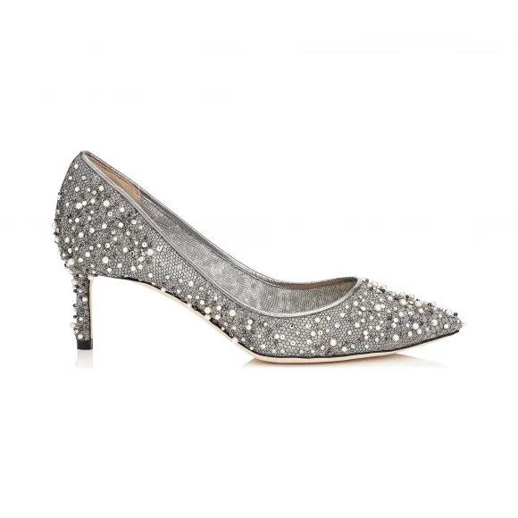 Jimmychoo/吉米周 无烟煤蕾丝水晶和珍珠点缀尖头高跟鞋 ROMY60LBB100017