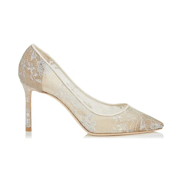 Jimmychoo/吉米周 白色蕾丝尖头高跟鞋 ROMY85LAC080009
