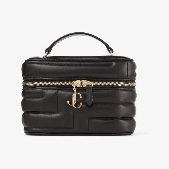 Jimmychoo/吉米周 VANITY CASE WCHAIN化妆包-浅金色五金件饰黑色绗缝化妆包 VANITYCASEWCHAINNBA001463