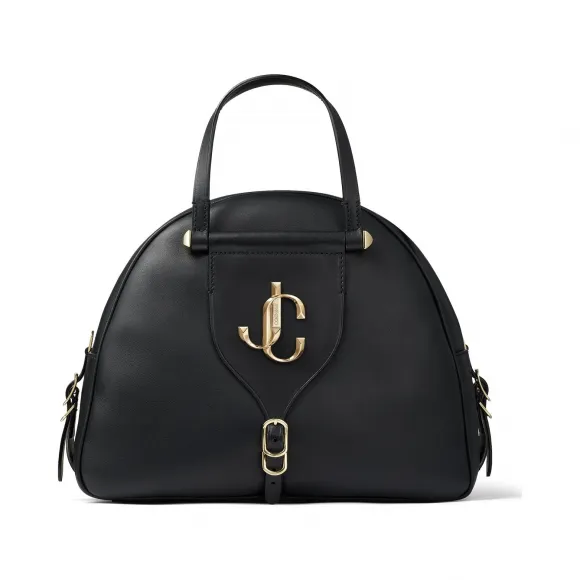 Jimmychoo/吉米周 JC 品牌 logo 款黑色牛皮拼植鞣皮保龄球包 VARENNEBOWLINGMAFV000074