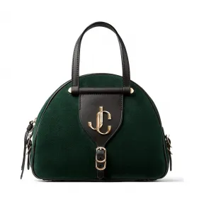Jimmychoo/吉米周 JC 品牌 logo 款深绿色麂皮拼黑色植鞣皮保龄球包 VARENNEBOWLINGSSDV0C7756