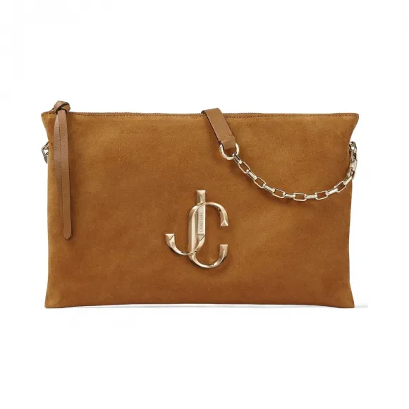 Jimmychoo/吉米周 JC 品牌 logo 款黄棕色麂皮单肩包  VARENNESHOULDERSSUE020005