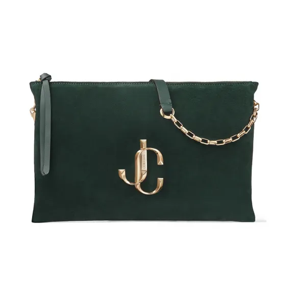 Jimmychoo/吉米周 品牌 logo 装饰深绿色麂皮单肩包  VARENNESHOULDERSSUE031838